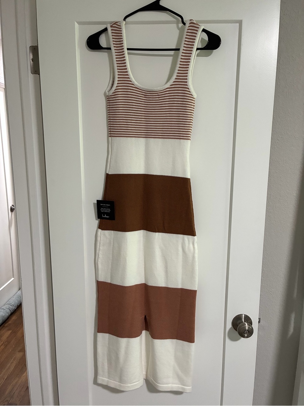 Easily Gorgeous Ivory and Brown Striped Midi Sweater Dress - Picture 3 of 3